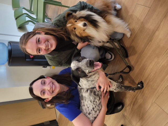 julie and dogs in lobby